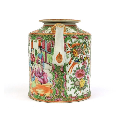 377 - Chinese Cantonese porcelain teapot of cylindrical form, hand painted in the famille rose palette wit... 