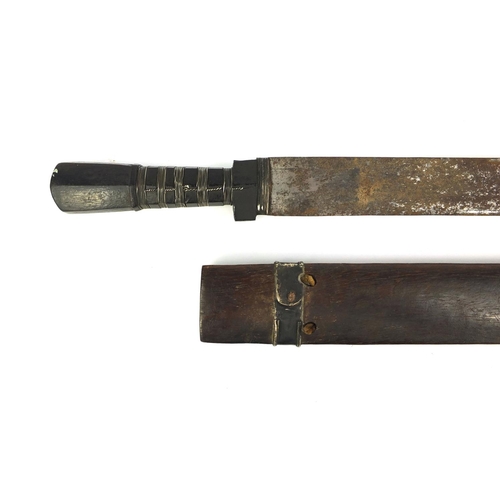 500 - Tibetan steel bladed short sword with metal bound wooden handle, housed in a wooden sheaf with jewel... 