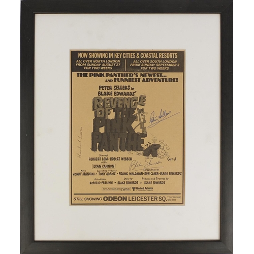 151 - The Pink Panther signed black and white film ad, signed by three including Peter Sellers, mounted an... 