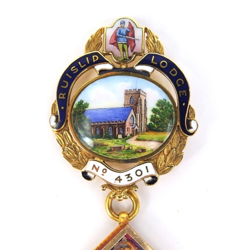 234 - Masonic 15ct gold and enamel Ruislip Lodge jewel, No.4301 awarded to W Bro Reginald Arthur Howes in ... 