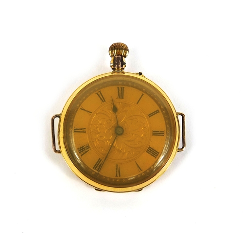 884 - 9ct gold ladies pocket watch with floral chased decoration, 3.5cm in diameter, approximate weight 31... 