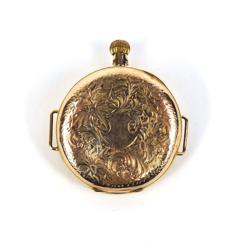 884 - 9ct gold ladies pocket watch with floral chased decoration, 3.5cm in diameter, approximate weight 31... 