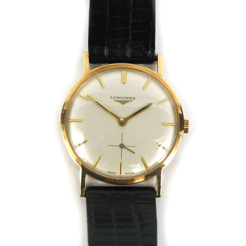 861 - Boxed 9ct gold gentleman's Longines wristwatch, 3.2cm in diameter excluding the crown