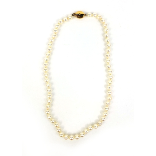 773 - Single string cultured pearl necklace with 18ct gold and diamond clasp, 40cm long, approximate weigh... 