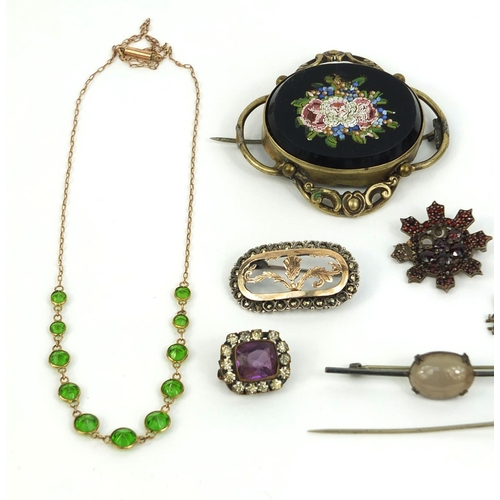 842 - Assorted jewellery including a black onyx micro mosaic brooch, garnet brooches, seed pearl and garne... 