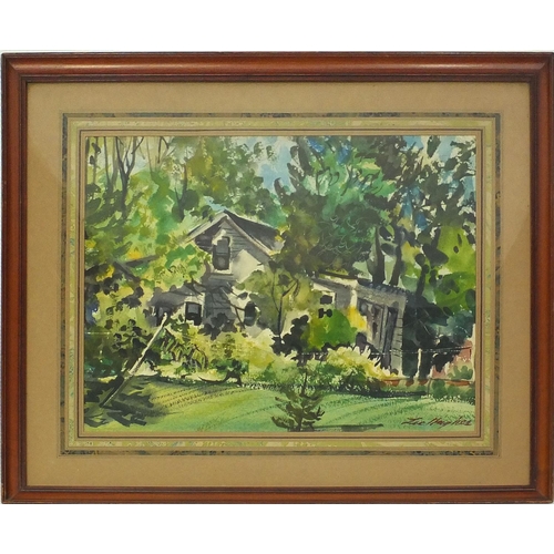 67 - Lee Hughes - Signed watercolour of a building behind woodland, 46cm x 36cm excluding the mount and f... 