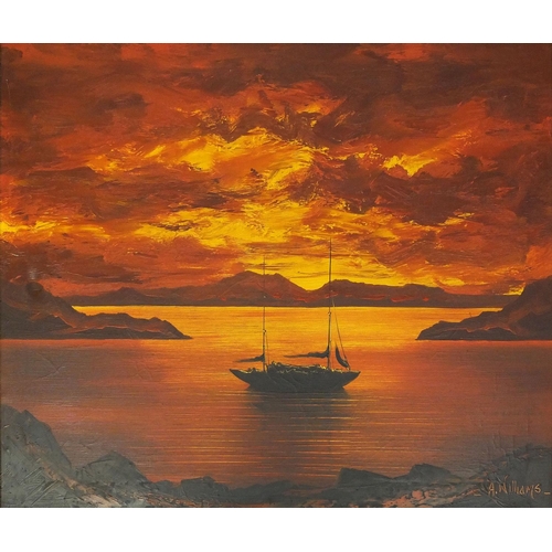 42 - A Williams signed oil on canvas, view of a sunset over a boat on a lake, 77cm x 62cm excluding frame