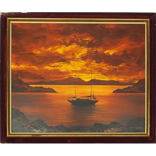 42 - A Williams signed oil on canvas, view of a sunset over a boat on a lake, 77cm x 62cm excluding frame