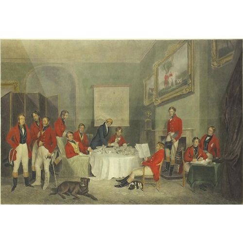 69 - Charles G Lewis - Coloured engraving of huntsmen titled ' The Melton Breakfast', with inlaid birdsey... 