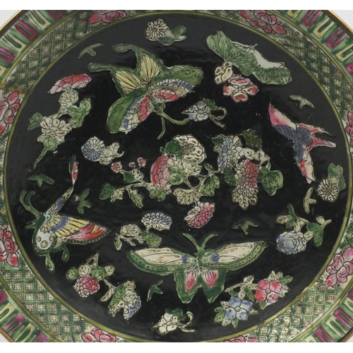 157 - Large Chinese porcelain shallow dish hand painted with butterflies and flowers, 36cm in diameter