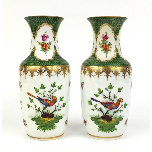 2174 - Pair of Dresden porcelain vases, hand painted and gilded with birds amongst flowers and foliage, fac... 