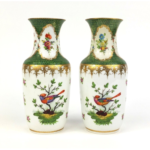 2174 - Pair of Dresden porcelain vases, hand painted and gilded with birds amongst flowers and foliage, fac... 