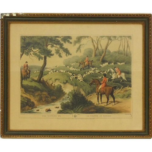 116 - Two pairs of coloured engravings of fox hunting scenes, the larger 53cm x 42cm excluding the frame