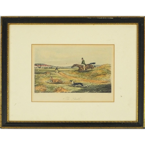 116 - Two pairs of coloured engravings of fox hunting scenes, the larger 53cm x 42cm excluding the frame