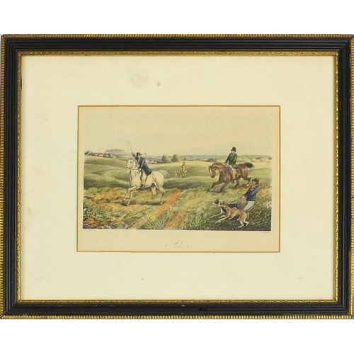 116 - Two pairs of coloured engravings of fox hunting scenes, the larger 53cm x 42cm excluding the frame