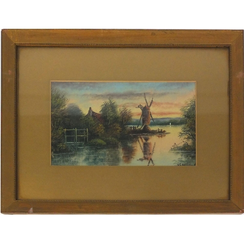 70 - Pair of oil paintings of a windmill on a lake and a building behind trees on a lake, bearing a signa... 