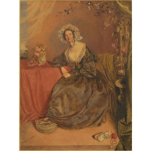 955 - 19th century watercolour, lady seated in an interior wearing a bonnet, bearing a signature K Mileay ... 