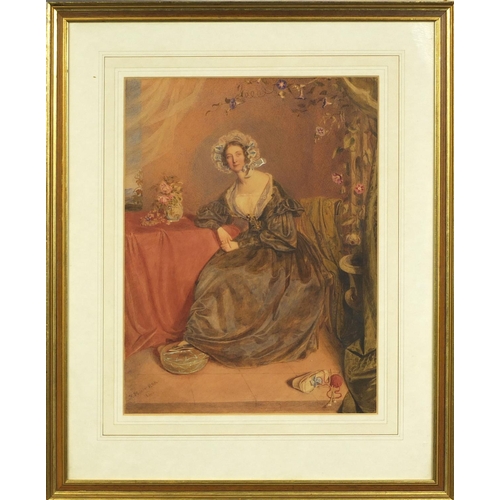 955 - 19th century watercolour, lady seated in an interior wearing a bonnet, bearing a signature K Mileay ... 