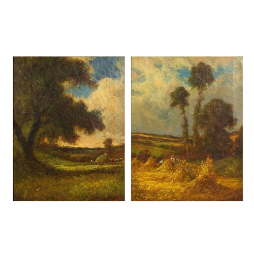 1058 - Pair of oil onto canvases, figures haymaking, both bearing an indistinct signature P Lolia...? both ... 