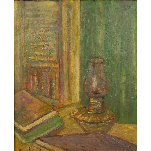 1026 - Oil onto canvas, oil lamp and books on a table, bearing an indistinct signature to the lower left, s... 