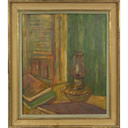 1026 - Oil onto canvas, oil lamp and books on a table, bearing an indistinct signature to the lower left, s... 