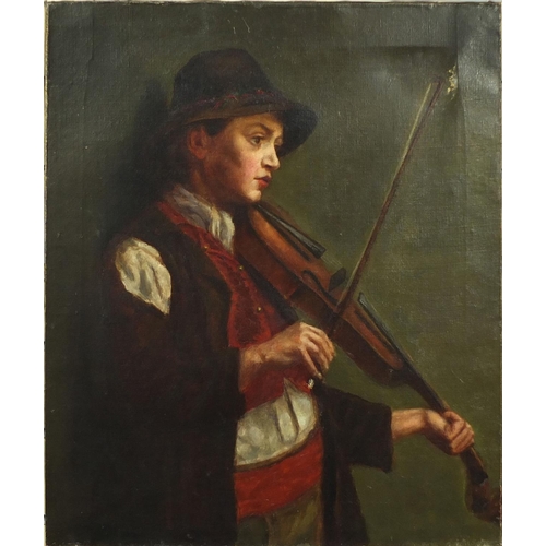 899 - Unframed oil onto canvas, young male violinist, inscribed verso, 61cm x 51cm