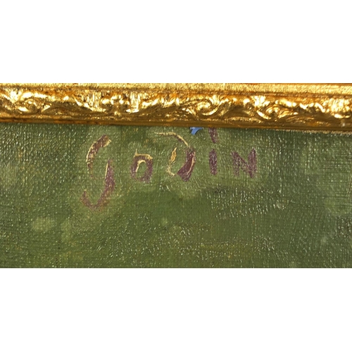 967 - Oil onto canvas, portrait of a lady, bearing a signature Godin to the upper left, inscribed verso, o... 