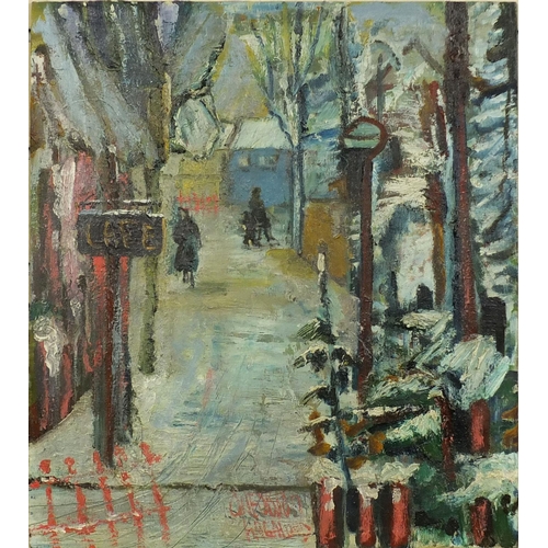 994 - Unframed oil onto panel, figures in a winter street scene, bearing a signature Hagalued, numbered ve... 