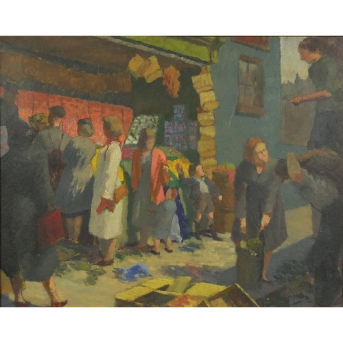 986 - Oil onto board, figures in a market, inscribed verso, mounted and framed, 49cm x 40cm excluding the ... 