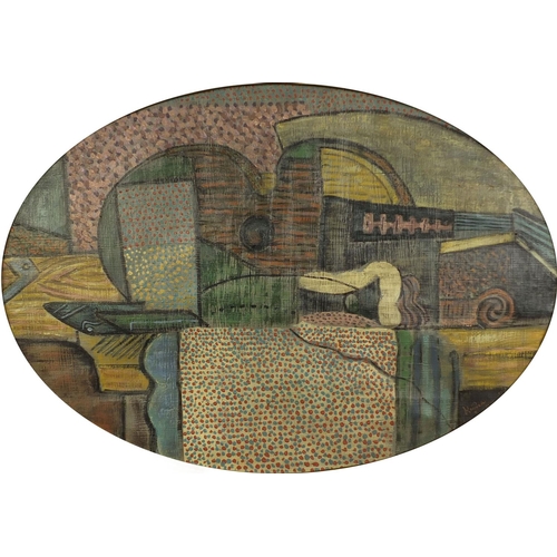 901 - Oval oil onto canvas, abstract composition, still life, bearing a signature Hayden, gilt framed, 70c... 