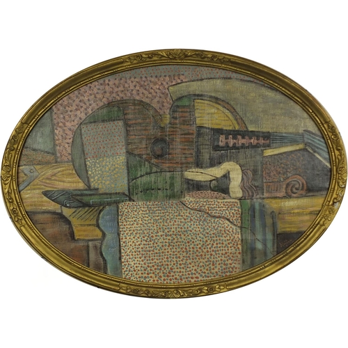 901 - Oval oil onto canvas, abstract composition, still life, bearing a signature Hayden, gilt framed, 70c... 