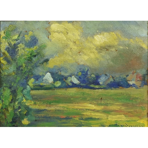 999 - Oil onto board, rural landscape, bearing a signature Ferguson, label verso, ornately gilt framed, 32... 