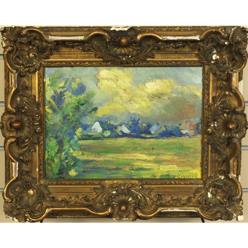 999 - Oil onto board, rural landscape, bearing a signature Ferguson, label verso, ornately gilt framed, 32... 