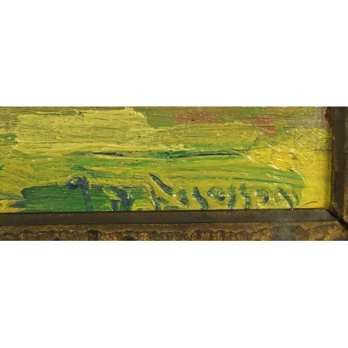 999 - Oil onto board, rural landscape, bearing a signature Ferguson, label verso, ornately gilt framed, 32... 