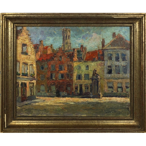 933 - Oil onto panel, continental street scene, bearing a signature Kafferve? inscribed verso, framed, 45c... 