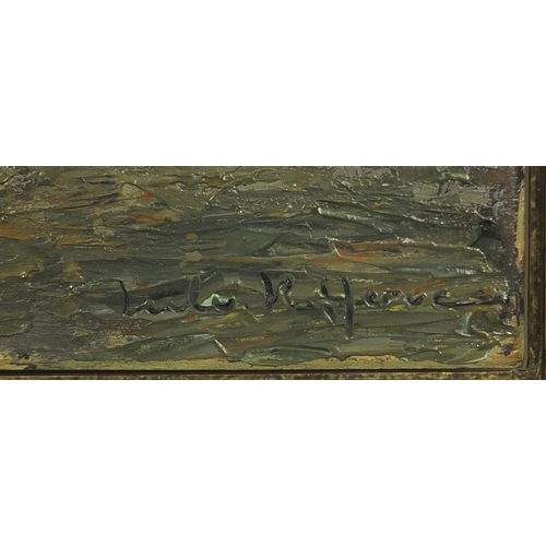 933 - Oil onto panel, continental street scene, bearing a signature Kafferve? inscribed verso, framed, 45c... 