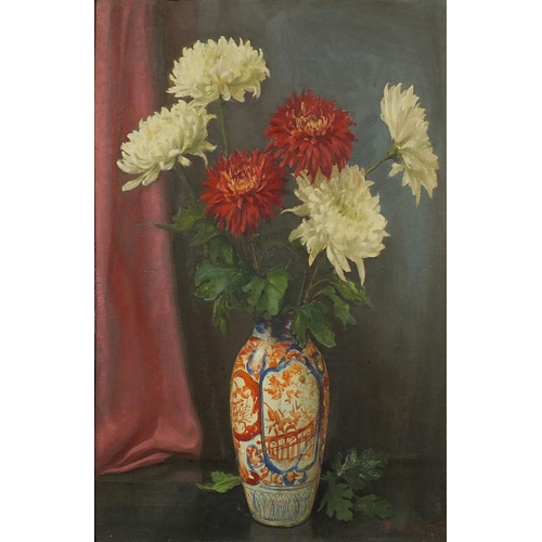 972 - Oil onto board, still life, flowers in a vase, bearing an indistinct signature to the lower right Ay... 