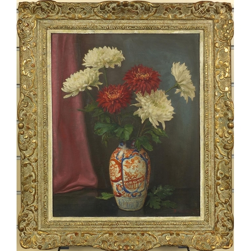 972 - Oil onto board, still life, flowers in a vase, bearing an indistinct signature to the lower right Ay... 