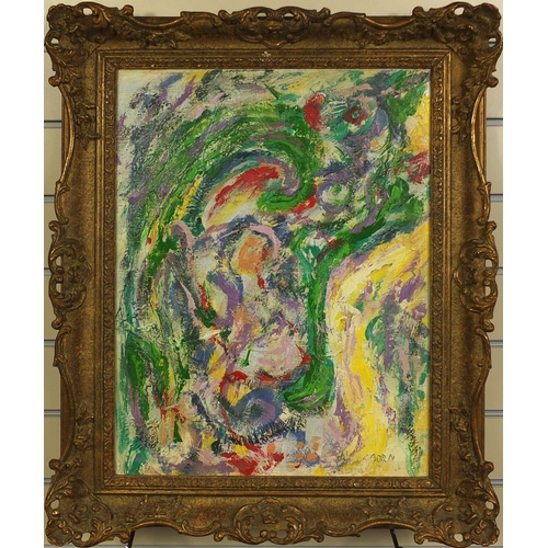 1032 - Oil onto canvas, abstract composition, bearing a signature Dorn, ornately gilt framed, 52cm x 39cm e... 