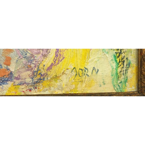 1032 - Oil onto canvas, abstract composition, bearing a signature Dorn, ornately gilt framed, 52cm x 39cm e... 