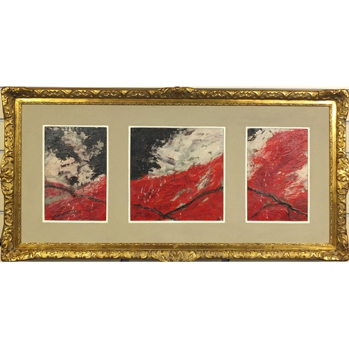 1023 - Triptych oil onto canvas, abstract composition, each bearing a signature Schumacher, mounted and orn... 