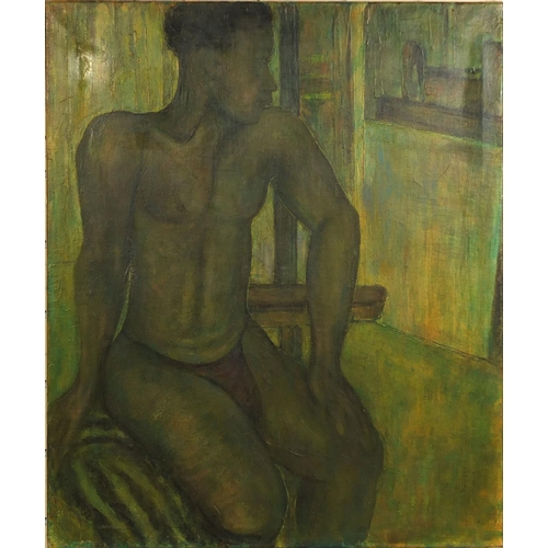 1011 - Unframed oil onto canvas, seated nude male, bearing a monogram SP, 76cm x 63cm
