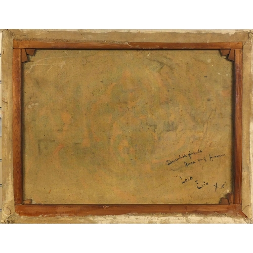 925 - Unframed oil onto canvas, abstract composition, bearing a signature E Hone, inscribed verso, 93cm x ... 