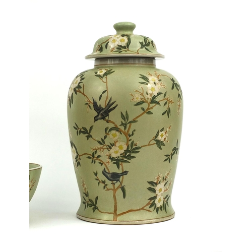 2325 - Indiana Jane apple blossom patterned lidded jar, together with a similar bowl, the largest 44cm high