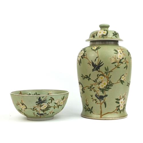 2325 - Indiana Jane apple blossom patterned lidded jar, together with a similar bowl, the largest 44cm high