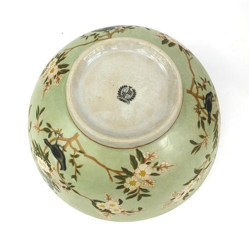 2325 - Indiana Jane apple blossom patterned lidded jar, together with a similar bowl, the largest 44cm high