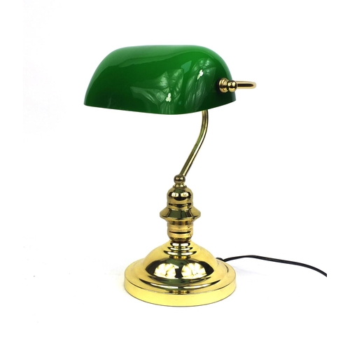 2239 - Brass reading desk lamp with adjustable green glass shade, 38cm high