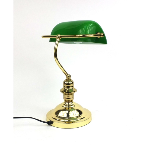 2239 - Brass reading desk lamp with adjustable green glass shade, 38cm high