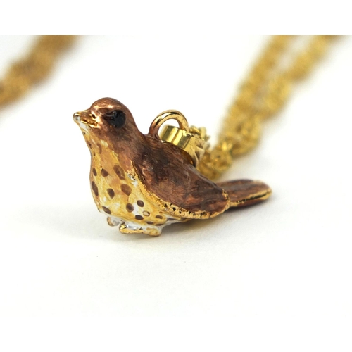 2371 - Two enamelled and jewelled bird trinkets, together with two enamelled bird pendants, each on a gold ... 