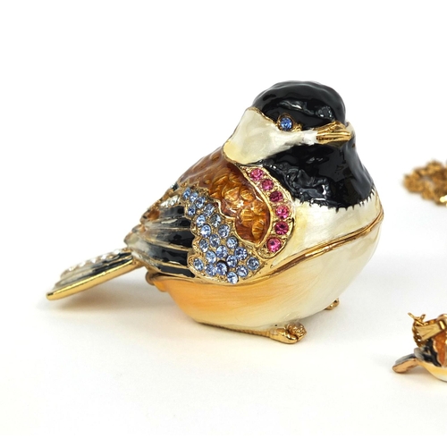 2371 - Two enamelled and jewelled bird trinkets, together with two enamelled bird pendants, each on a gold ... 